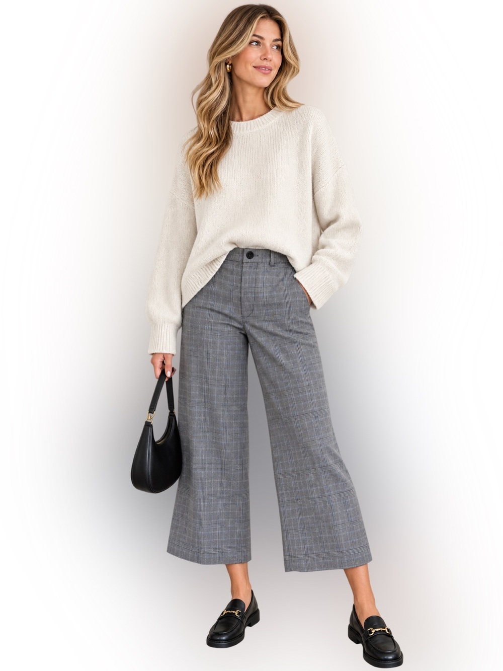 Avec Les Filles Plaid Wide Leg Cropped Pants Gray Size 6